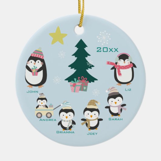 Mam, vader en vier kinderen ~ pinguïns keramisch ornament (Voorkant)