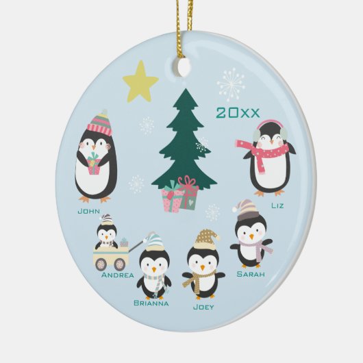 Mam, vader en vier kinderen ~ pinguïns keramisch ornament (Links)
