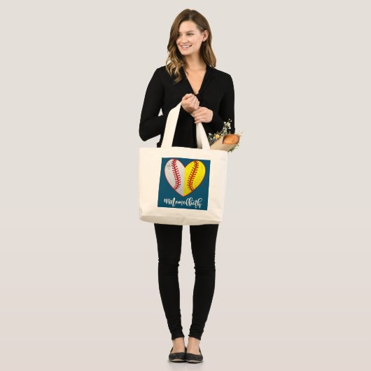 Mam van beide Softball Baseball Heart Moederdag Grote Tote Bag (Voorkant (model))