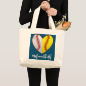 Mam van beide Softball Baseball Heart Moederdag Grote Tote Bag (Voorkant (product))