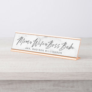 Mam, vrouw, Boss Babe Trendy Brush Script en marme Bureau Naambordje