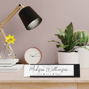 Mam, vrouw, Boss Trendy Brush Script Faux Marble Bureau Naambordje