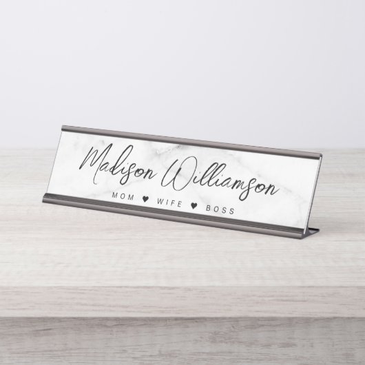 Mam, vrouw, Boss Trendy Brush Script Faux Marble Bureau Naambordje (Voorkant)