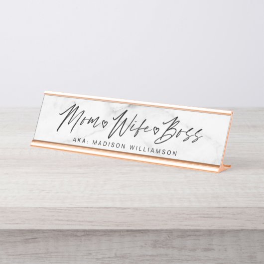 Mam, vrouw, Boss Trendy Brush Script & White Marbl Bureau Naambordje (Voorkant)