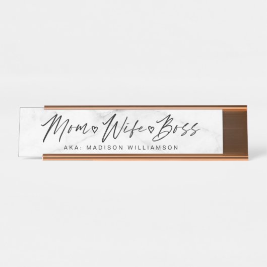 Mam, vrouw, Boss Trendy Brush Script & White Marbl Bureau Naambordje (Voorkant)
