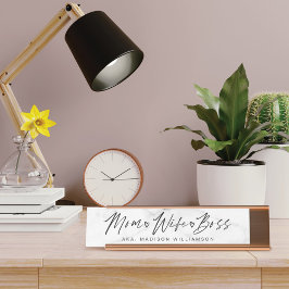 Mam, vrouw, Boss Trendy Brush Script & White Marbl Bureau Naambordje