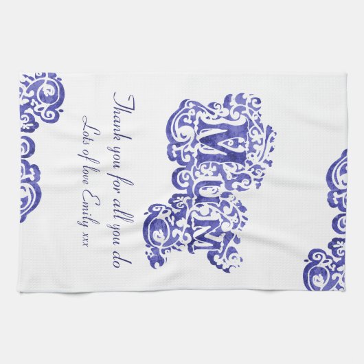 Mam, we houden van je blauwe en witte keukenhanddo theedoek (Horizontaal)