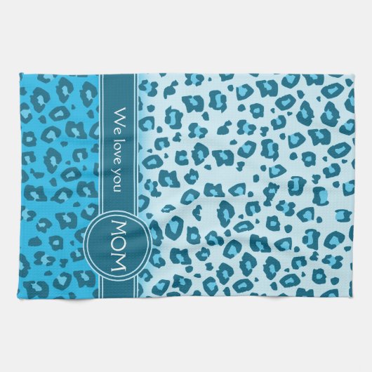 Mam we houden van je blauwe luipaard print keukenh theedoek (Horizontaal)