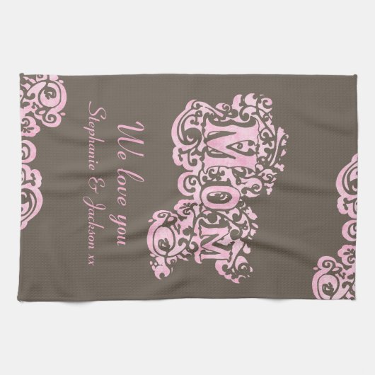 Mam we houden van je roze & bruin keukenhanddoek (Horizontaal)