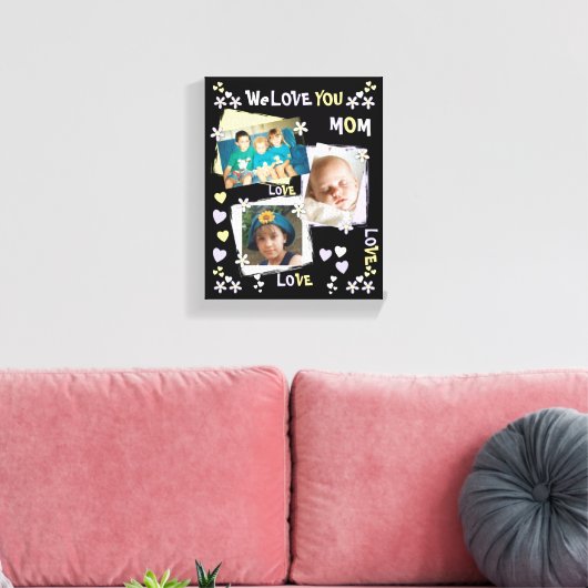 Mam zwarte en lila bloemen en harten met foto's canvas afdruk (Insitu (Woonkamer))