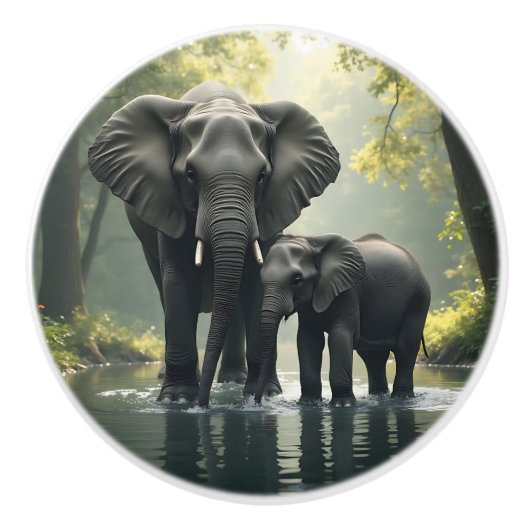 Mama and Baby Elephant in River Keramische Knop (Voorkant)