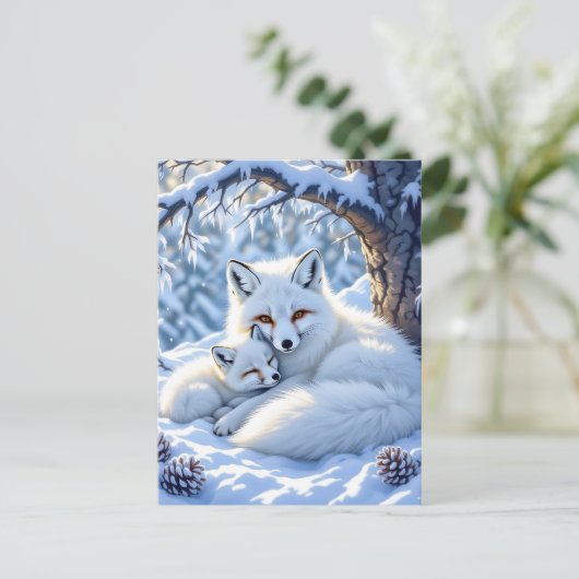 Mama and Baby White Foxes in the Snow Briefkaart (Staand voorkant)