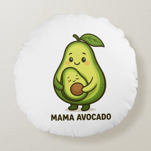 Mama Avocado met Baby – Schattige Cartoon Design Rond Kussen (Voorkant)