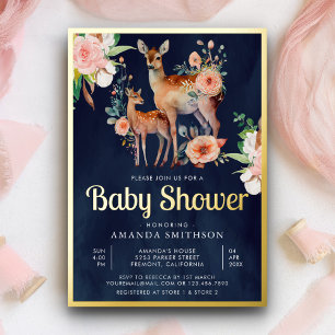 Mama Baby Bloemen Herten Marineblauwe Baby Shower Folie Uitnodiging