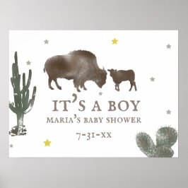 Mama Baby Buffalo Cactus Boy Baby shower Poster