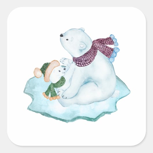 MAMA & BABY POLAR BEREN ZITTEN OP IJSSCHOTS VIERKANTE STICKER (Voorkant)