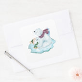 MAMA & BABY POLAR BEREN ZITTEN OP IJSSCHOTS VIERKANTE STICKER (Envelop)