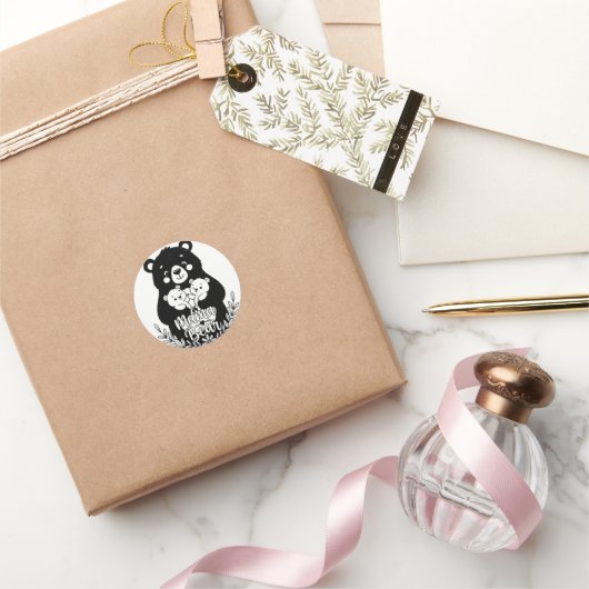 Mama Bear with Two Cubs Heart Line Art Design Ronde Sticker (Geschenken)