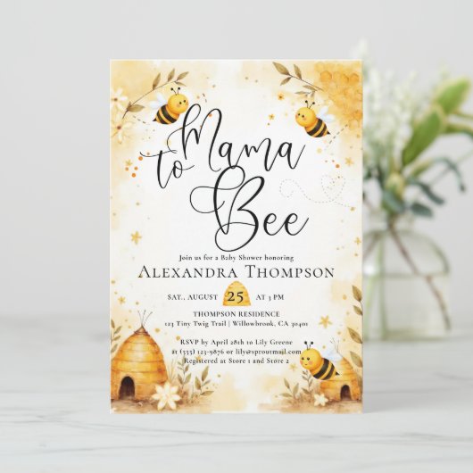 Mama Bee Summer Hive Bumblebee Script Baby Shower Kaart (Staand voorkant)