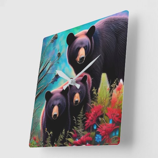 Mama Beer en welpen Vierkante Klok (Hoek)