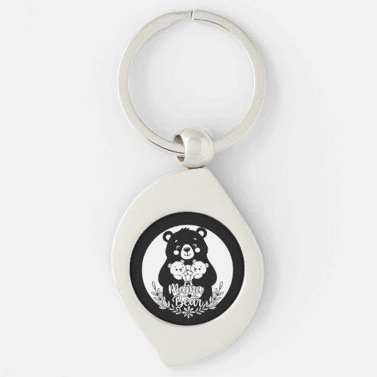 Mama Beer met Twee Welpen Hart Lijn Kunst Design Sleutelhanger (Voorkant)