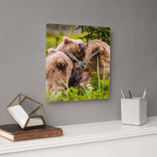 Mama beer verzorgt haar twee cubs, Lake Clark Nati Vierkante Klok