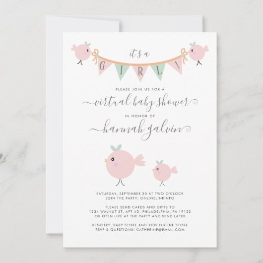 Mama Bird Chick Roze Virtuele Baby Meisje Douche Kaart (Voorkant)