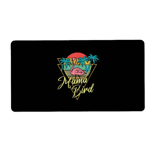 Mama Bird Flamingo Sunset Palm Tree Beach 80's Etiket (Voorkant)