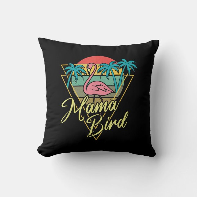 Mama Bird Flamingo Sunset Palm Tree Beach 80's Kussen (Voorkant)
