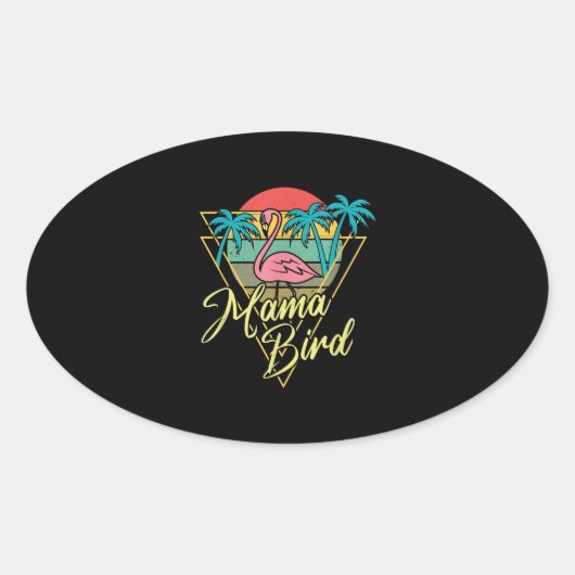 Mama Bird Flamingo Sunset Palm Tree Beach 80's Ovale Sticker (Voorkant)