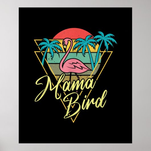 Mama Bird Flamingo Sunset Palm Tree Beach 80's Poster (Voorkant)