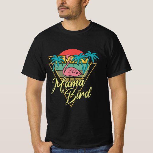 Mama Bird Flamingo Sunset Palm Tree Beach 80's T-shirt (Voorkant)
