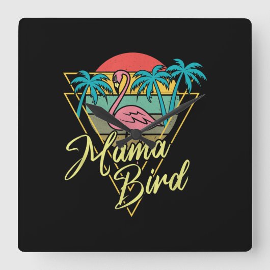 Mama Bird Flamingo Sunset Palm Tree Beach 80's Vierkante Klok (Voorkant)