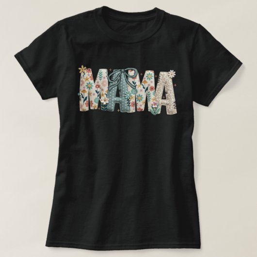 MAMA Bloemenpatchwork gestikte strik Moederdag Cu T-shirt (Design voorkant)