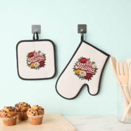 Mama Bloemstuk Keukenset – Ovenwant & Pannenlap Set