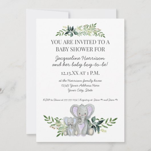 Mama Boy Baby Elephant Foliage Pastel Blue Shower Kaart (Voorkant)