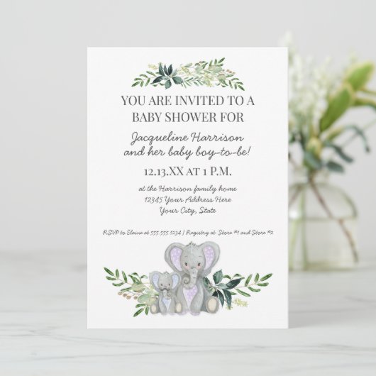 Mama Boy Baby Elephant Foliage Pastel Blue Shower Kaart (Staand voorkant)