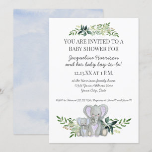 Mama Boy Baby Elephant Foliage Pastel Blue Shower Kaart