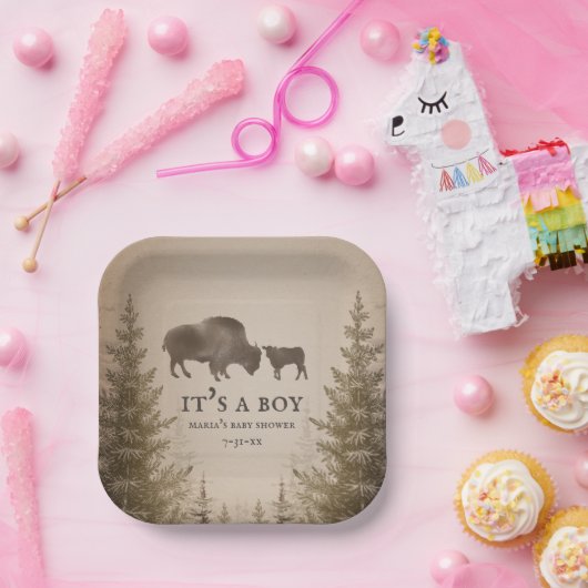 Mama Buffalo Evergreen Boy Baby shower Papieren Bordje (Feest)