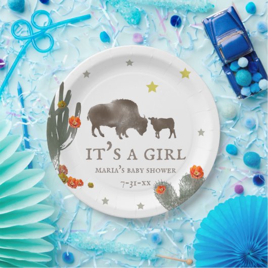 Mama Buffalo Floral Cactus Girl Baby shower  Papieren Bordje (Feest)