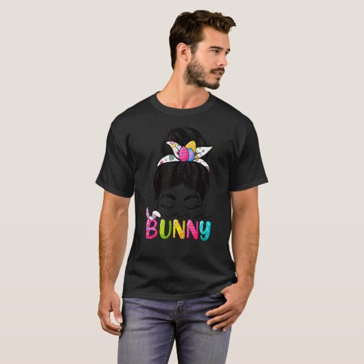 Mama Bunny Pasen Viering Messy Hair Bun Mam W T-shirt (Voorkant volledig)