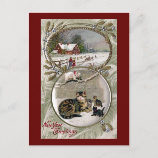 Mama Cat en Kittens Nieuwjaar Feestdagenkaart (Voorkant)