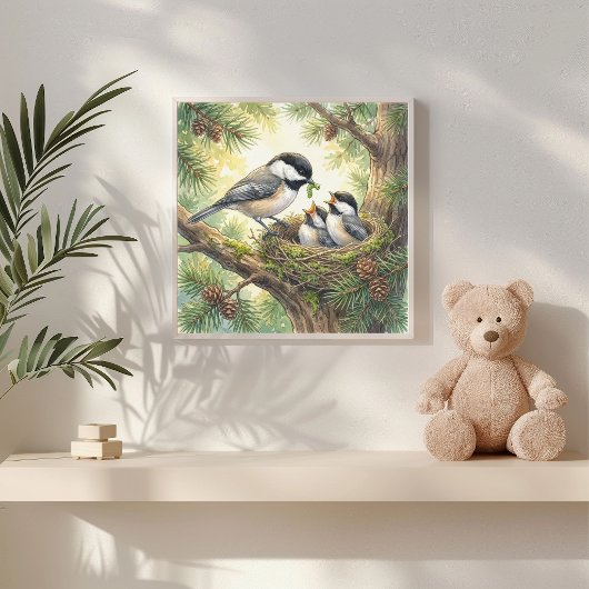 Mama Chickadee en Kuikens Kinderdagverblijf Poster