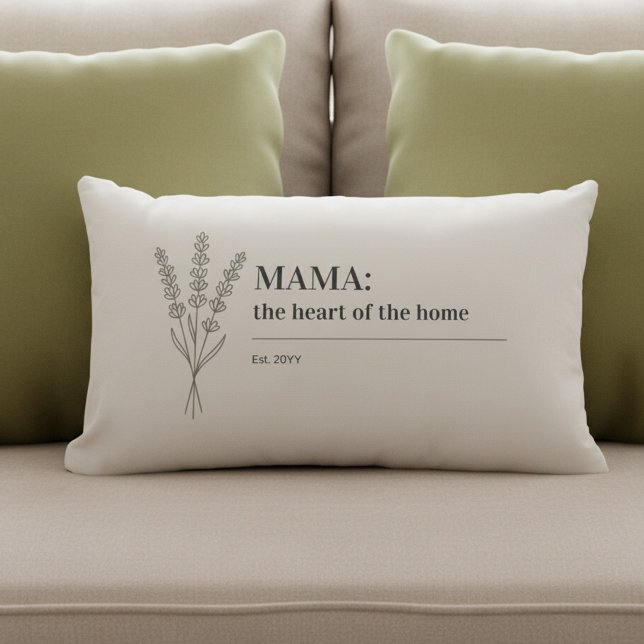 Mama Citaat Hart van het Thuis Minimalistisch Kussen (Elegant, neutral, minimalist botanical pillow for Mama: the heart of the home (fully editable))