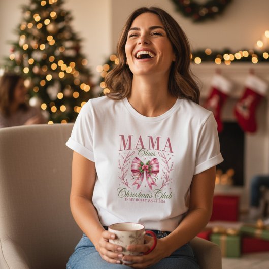 Mama Claus Christmas Club Pink Coquette Bow Tri-Blend Shirt