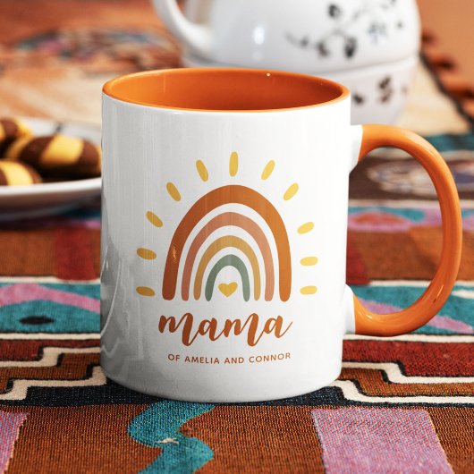 Mama Custom Name Boho Earth Tone Rainbow Sun Mok