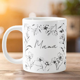 Mama Custom Quote Black White Floral Line Art  Grote Koffiekop