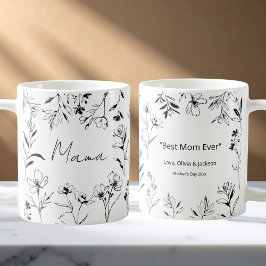 Mama Custom Quote Black White Floral Line Art  Koffiemok