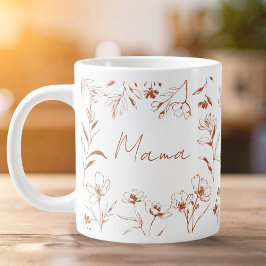 Mama Custom Quote Brown White Floral Line Art  Grote Koffiekop