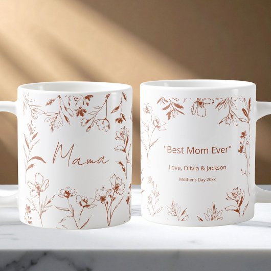 Mama Custom Quote Brown White Floral Line Art  Koffiemok